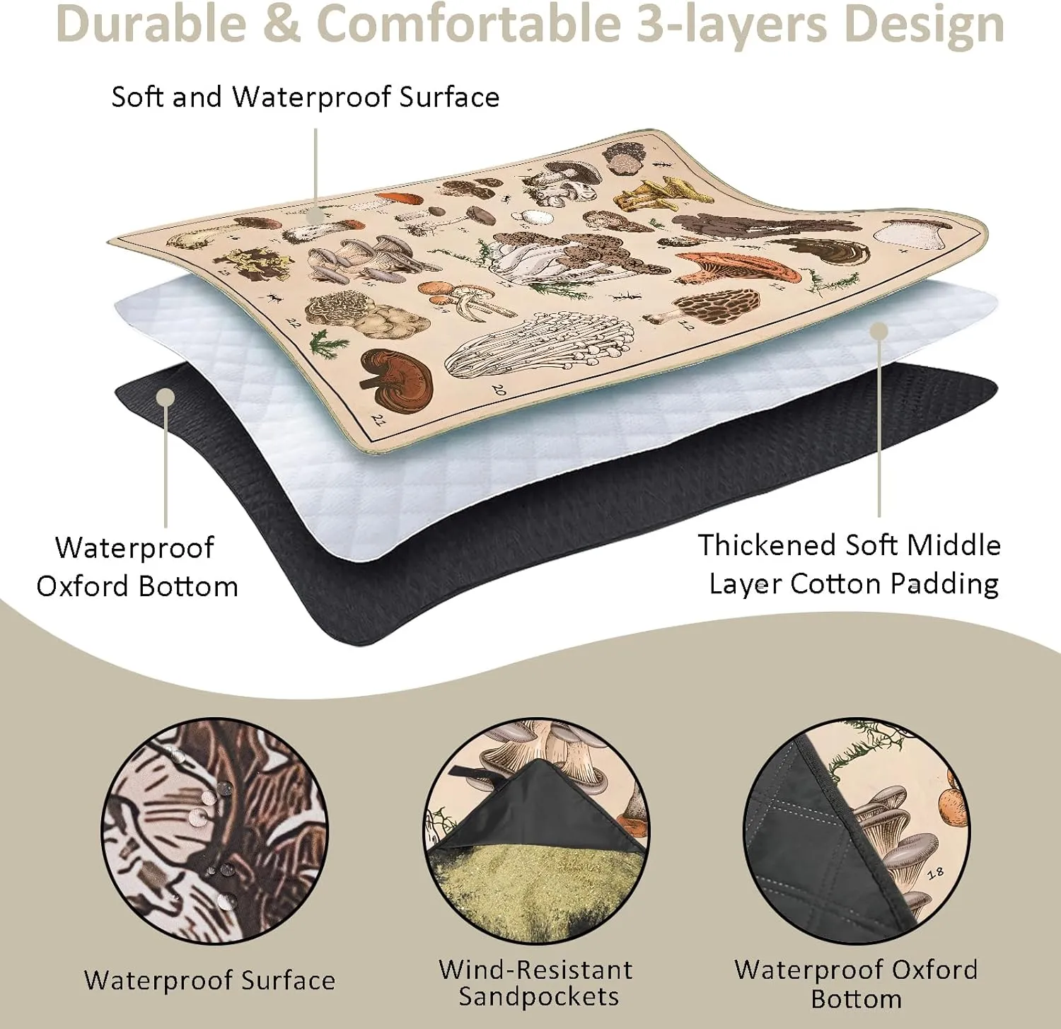 Mushroom Picnic Blankets Waterproof Foldable Picnic Outdoor Blanket 80"x 80" Picnic Mat 3-Layer Thicking Outdoor Foldable Blankets Sandproof Lightweight Beach Blankets with Strap Machine Washable
