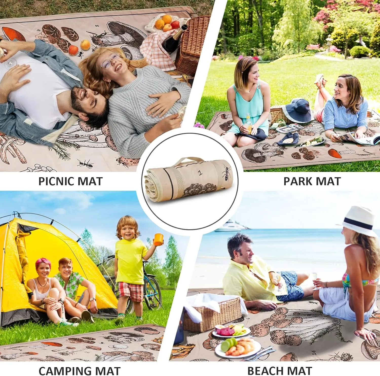 Mushroom Picnic Blankets Waterproof Foldable Picnic Outdoor Blanket 80"x 80" Picnic Mat 3-Layer Thicking Outdoor Foldable Blankets Sandproof Lightweight Beach Blankets with Strap Machine Washable