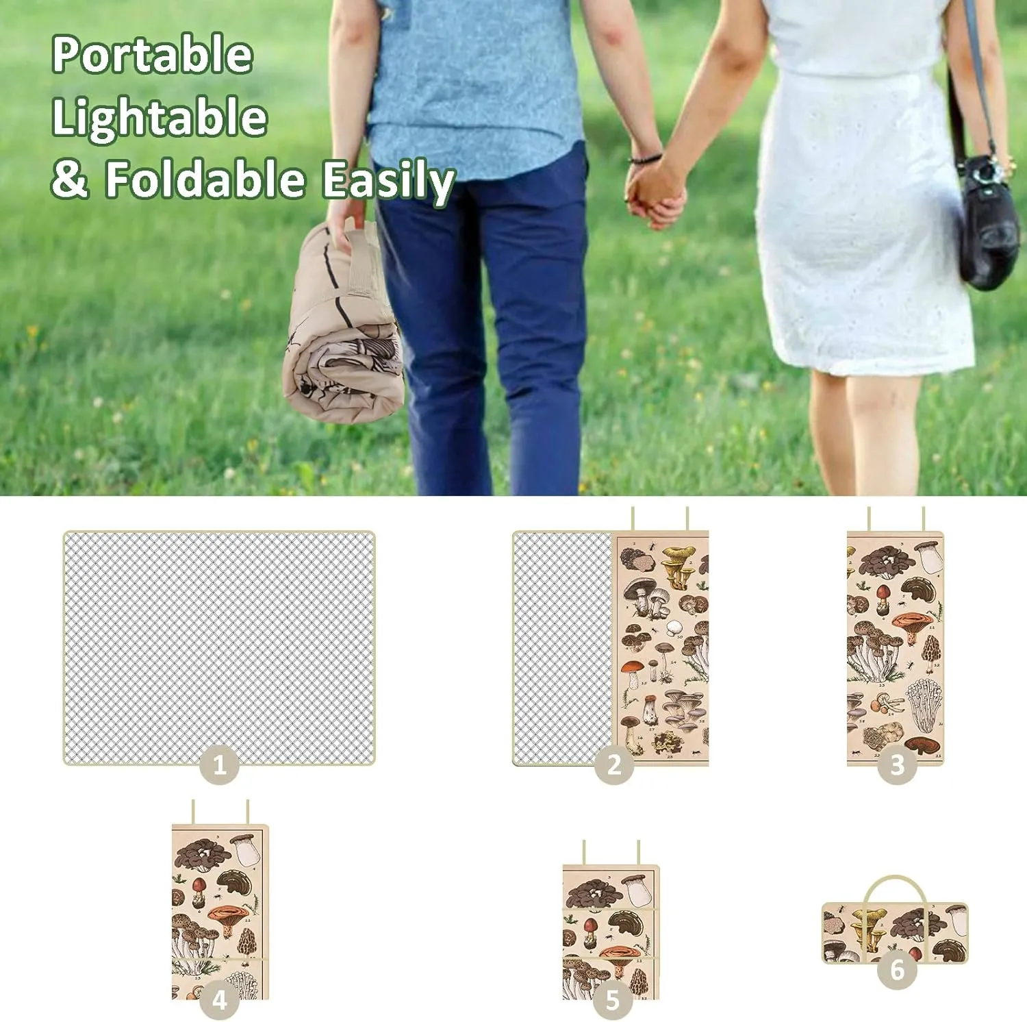 Mushroom Picnic Blankets Waterproof Foldable Picnic Outdoor Blanket 80"x 80" Picnic Mat 3-Layer Thicking Outdoor Foldable Blankets Sandproof Lightweight Beach Blankets with Strap Machine Washable