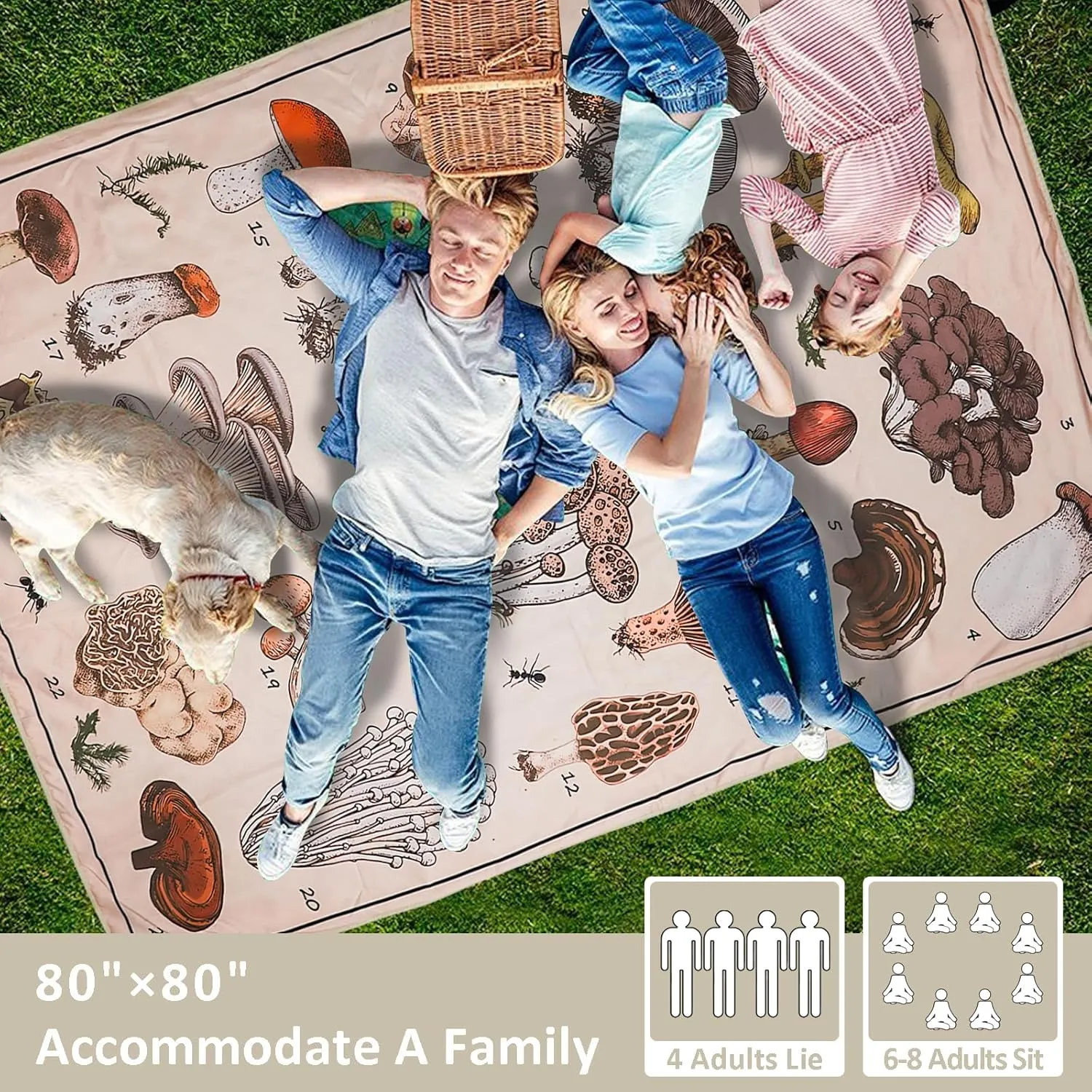 Mushroom Picnic Blankets Waterproof Foldable Picnic Outdoor Blanket 80"x 80" Picnic Mat 3-Layer Thicking Outdoor Foldable Blankets Sandproof Lightweight Beach Blankets with Strap Machine Washable