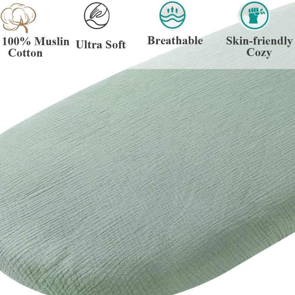 Muslin Bassinet Sheet Compatible with Maxi-COSI Iora,Swift Lightweight Portable Bassinet, AMKE Baby Bassinets, 2 Pack Cotton Stylish Boho Fitted Bassinet Sheets for Baby Roman Green & Botanical Leaf