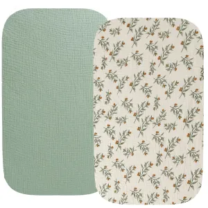 Muslin Bassinet Sheet Compatible with Maxi-COSI Iora,Swift Lightweight Portable Bassinet, AMKE Baby Bassinets, 2 Pack Cotton Stylish Boho Fitted Bassinet Sheets for Baby Roman Green & Botanical Leaf