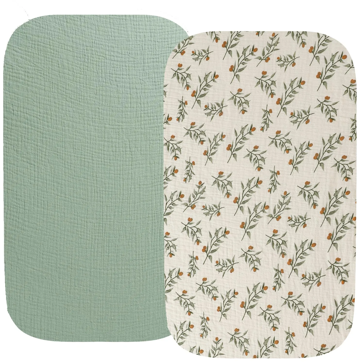 Muslin Bassinet Sheet Compatible with Maxi-COSI Iora,Swift Lightweight Portable Bassinet, AMKE Baby Bassinets, 2 Pack Cotton Stylish Boho Fitted Bassinet Sheets for Baby Roman Green & Botanical Leaf