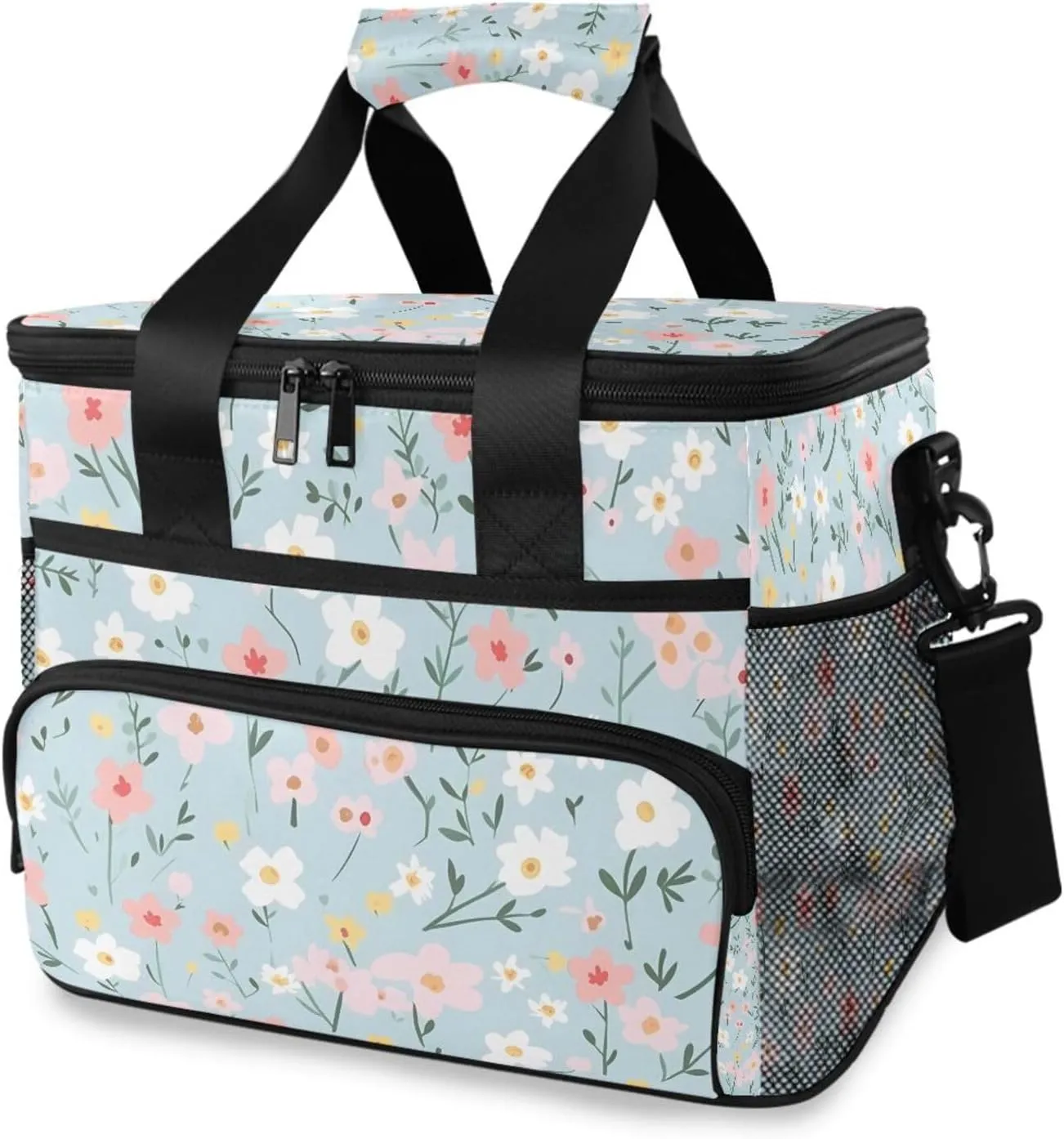 Muted Color Flower Blue Cooler Bag Insulated Cooler Soft Sided Cooler 24 Can Portable Picnic Bag Large Leakproof Lunch Bag Box for Beach Grocery Camping Travel Car Men Women