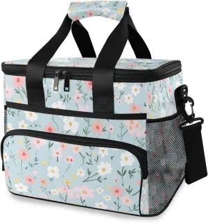 Muted Color Flower Blue Cooler Bag Insulated Cooler Soft Sided Cooler 24 Can Portable Picnic Bag Large Leakproof Lunch Bag Box for Beach Grocery Camping Travel Car Men Women