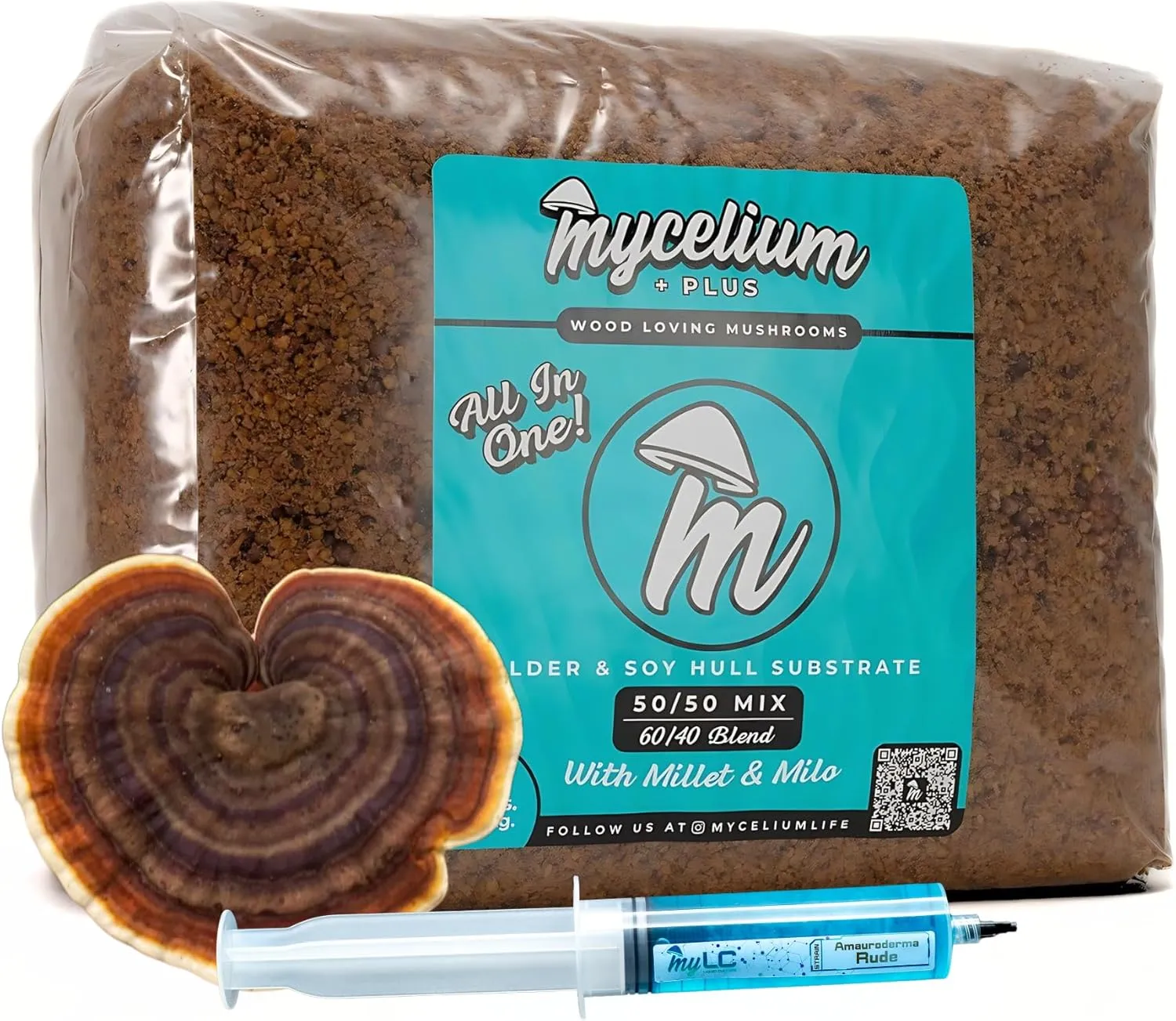 Mycelium Mushroom Growing Kit, Amauroderma Rude Gourmet I Alder & Soy Hull Substrate I High Yield Proprietary Mix I Sterile Grow Bag with Liquid Culture Syringe for Starter & Pro Home Growers, 8lbs