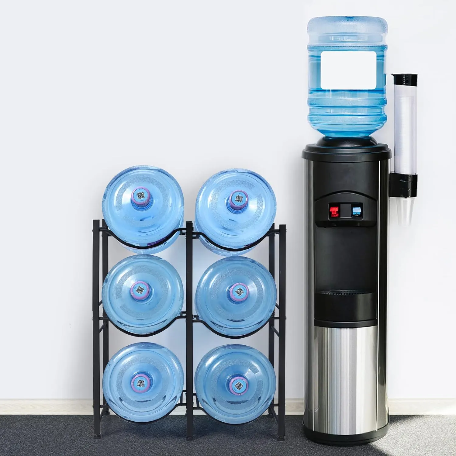 Nandae Water Cooler Jug Rack, 3-Tier Heavy Duty Water Bottle Holder Storage Rack 5 Gallon Water Jug Holder for 6 Bottle, Black