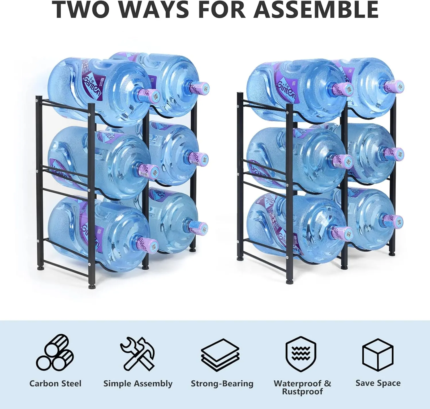 Nandae Water Cooler Jug Rack, 3-Tier Heavy Duty Water Bottle Holder Storage Rack 5 Gallon Water Jug Holder for 6 Bottle, Black