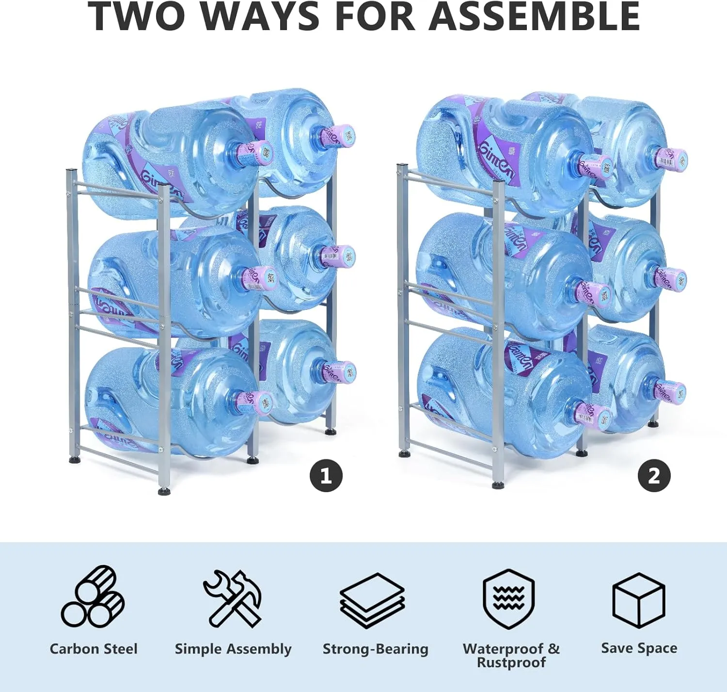 Nandae Water Cooler Jug Rack, 3-Tier Heavy Duty Water Bottle Holder Storage Rack 5 Gallon Water Jug Holder for 6 Bottle, Sliver