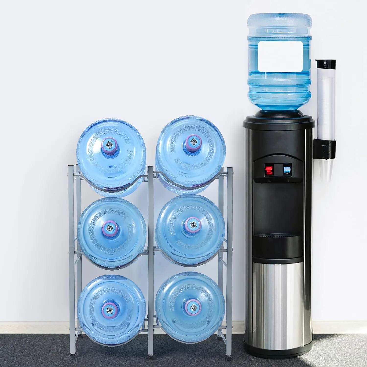 Nandae Water Cooler Jug Rack, 3-Tier Heavy Duty Water Bottle Holder Storage Rack 5 Gallon Water Jug Holder for 6 Bottle, Sliver