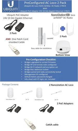 NanoStation AC Loco Loco5AC-US 2 Pack Pre-Configured Loco5ac 5GHz 802.11ac airMAX Radio 450Mbps Wireless Bridge (2-Pack) with PoE POE-24-7W-G Included Ready to Install, White