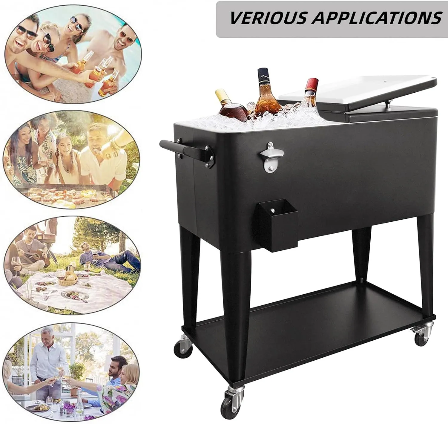 Nattork 80 Quart Rolling Cooler Cart, Ice Chest with Wheels for Outdoor Patio Deck Party, Portable Outdoor Backyard Cooler Party Drink Beverage Bar with Shelf, Bottle Opener
