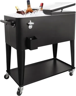 Nattork 80 Quart Rolling Cooler Cart, Ice Chest with Wheels for Outdoor Patio Deck Party, Portable Outdoor Backyard Cooler Party Drink Beverage Bar with Shelf, Bottle Opener