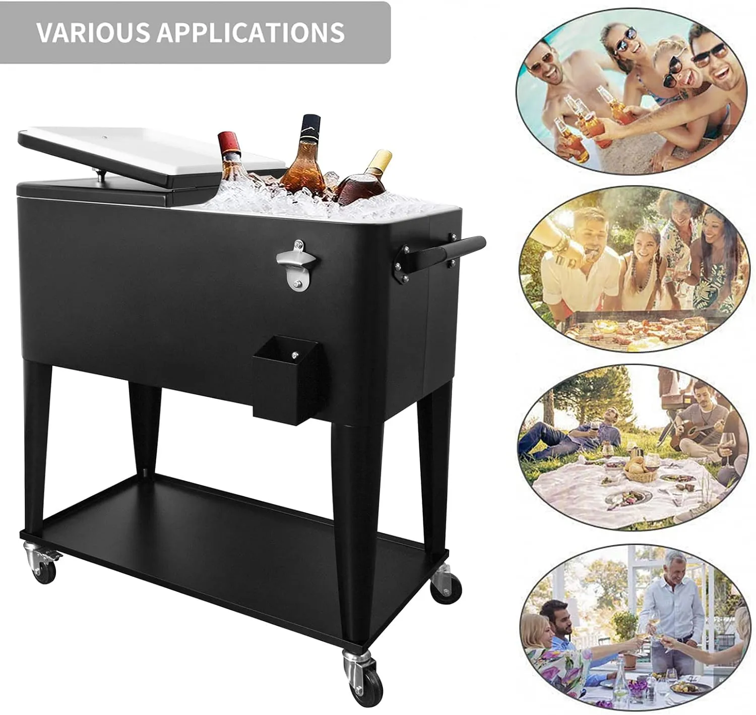 Nattork Portable Rolling Cooler Cart 80 Quart Cooler cart, Ice Chest Cart Trolley Rolling Cart Cooler with Wheels Outdoor Beverage Cooler for Patio Ice Chest with Shelf, Water Pipe and Bottle Opener