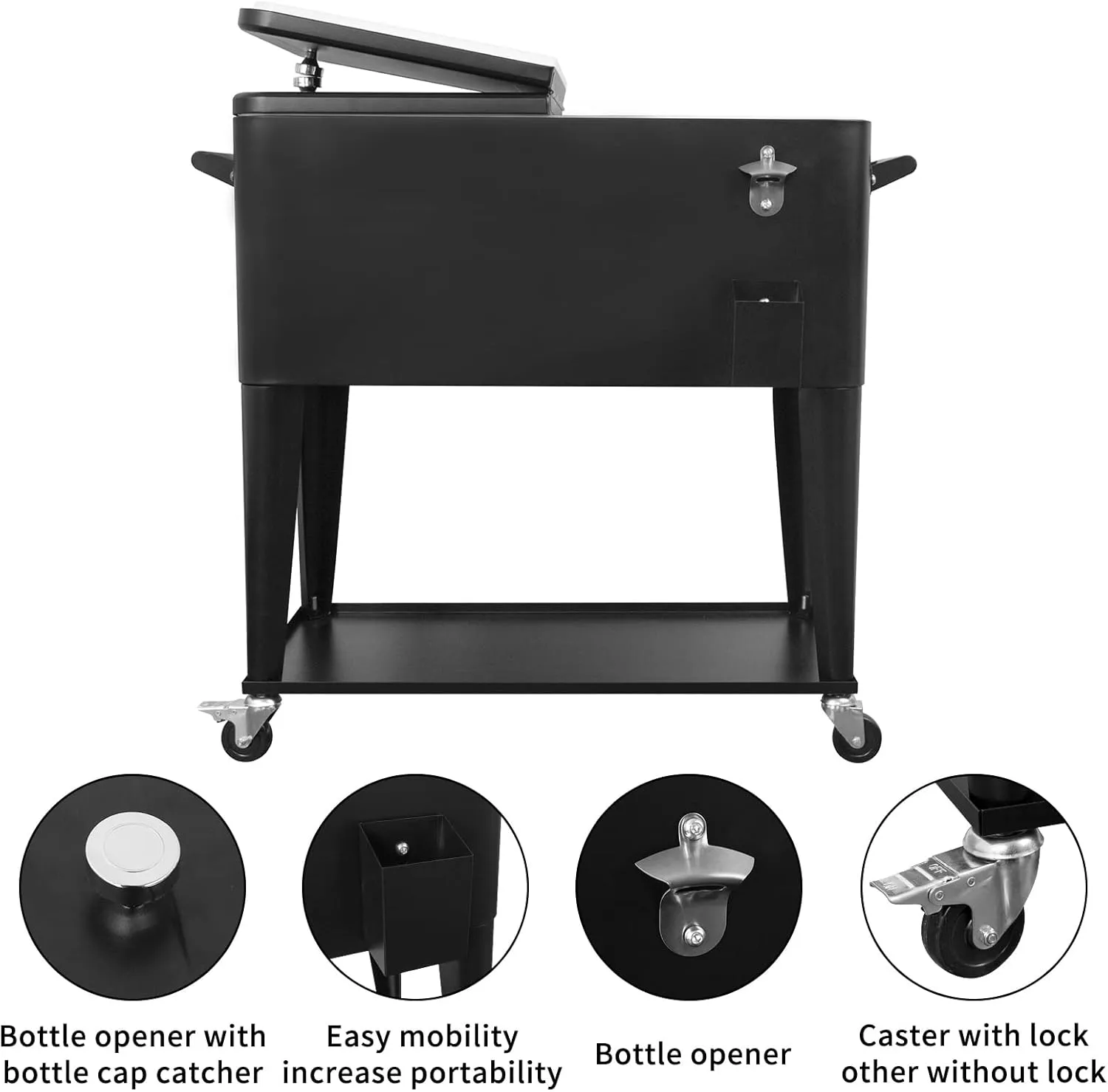 Nattork Portable Rolling Cooler Cart 80 Quart Cooler cart, Ice Chest Cart Trolley Rolling Cart Cooler with Wheels Outdoor Beverage Cooler for Patio Ice Chest with Shelf, Water Pipe and Bottle Opener