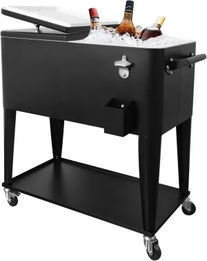 Nattork Portable Rolling Cooler Cart 80 Quart Cooler cart, Ice Chest Cart Trolley Rolling Cart Cooler with Wheels Outdoor Beverage Cooler for Patio Ice Chest with Shelf, Water Pipe and Bottle Opener