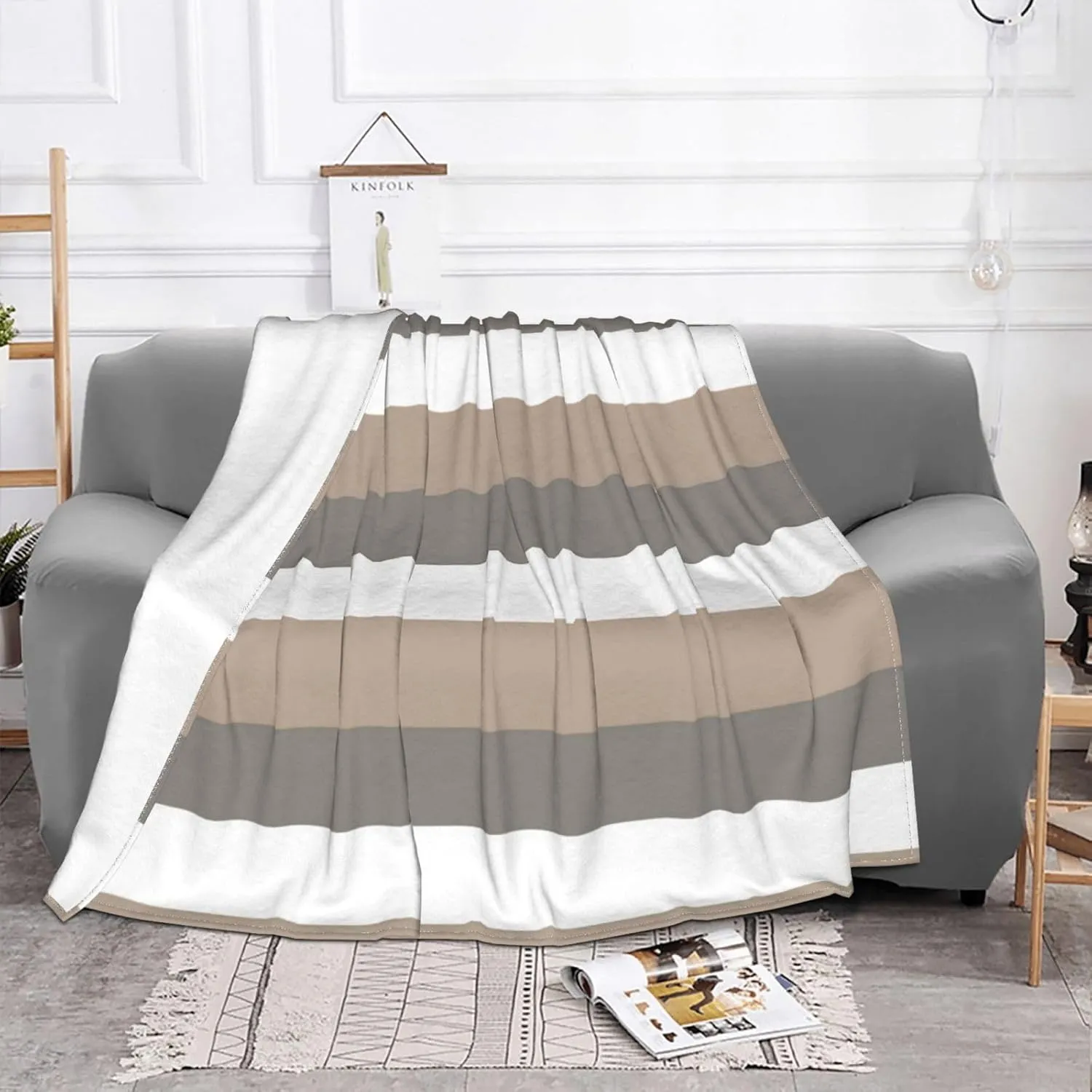 Natural Stripe in White ​Taupe 60"X50" Flannel Blanket - 100% Soft Polyester, Lightweight and Warm, Suitable for Families, Camping, Travel