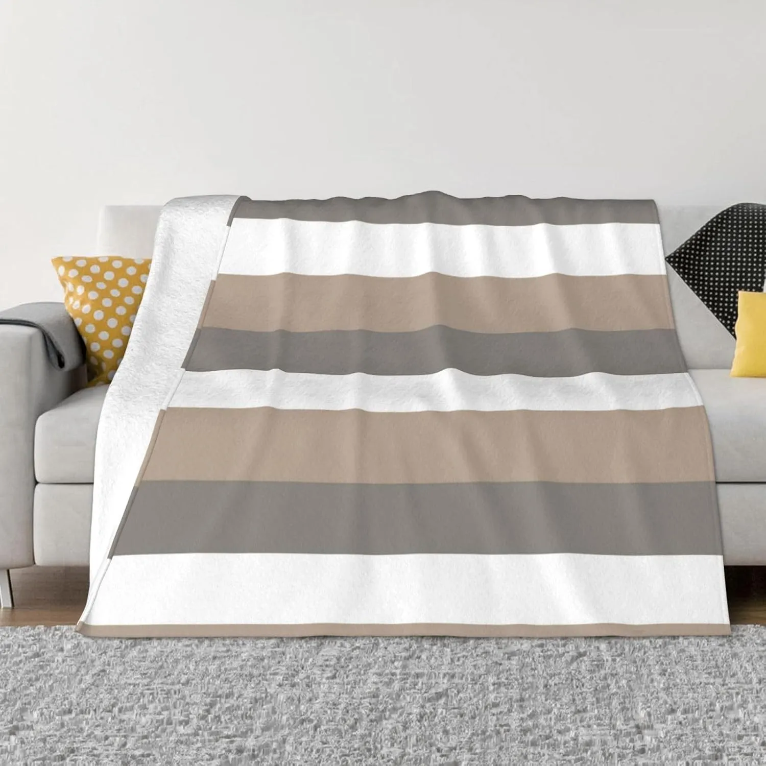Natural Stripe in White ​Taupe 60"X50" Flannel Blanket - 100% Soft Polyester, Lightweight and Warm, Suitable for Families, Camping, Travel