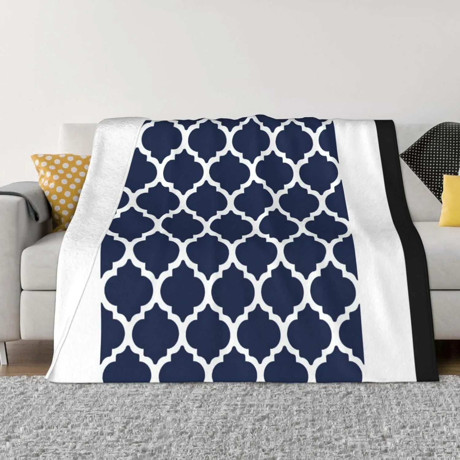 Navy Blue and White Quatrefoil 60"X50" Flannel Blanket - 100% Soft Polyester, Lightweight and Warm, Suitable for Families, Camping, Travel