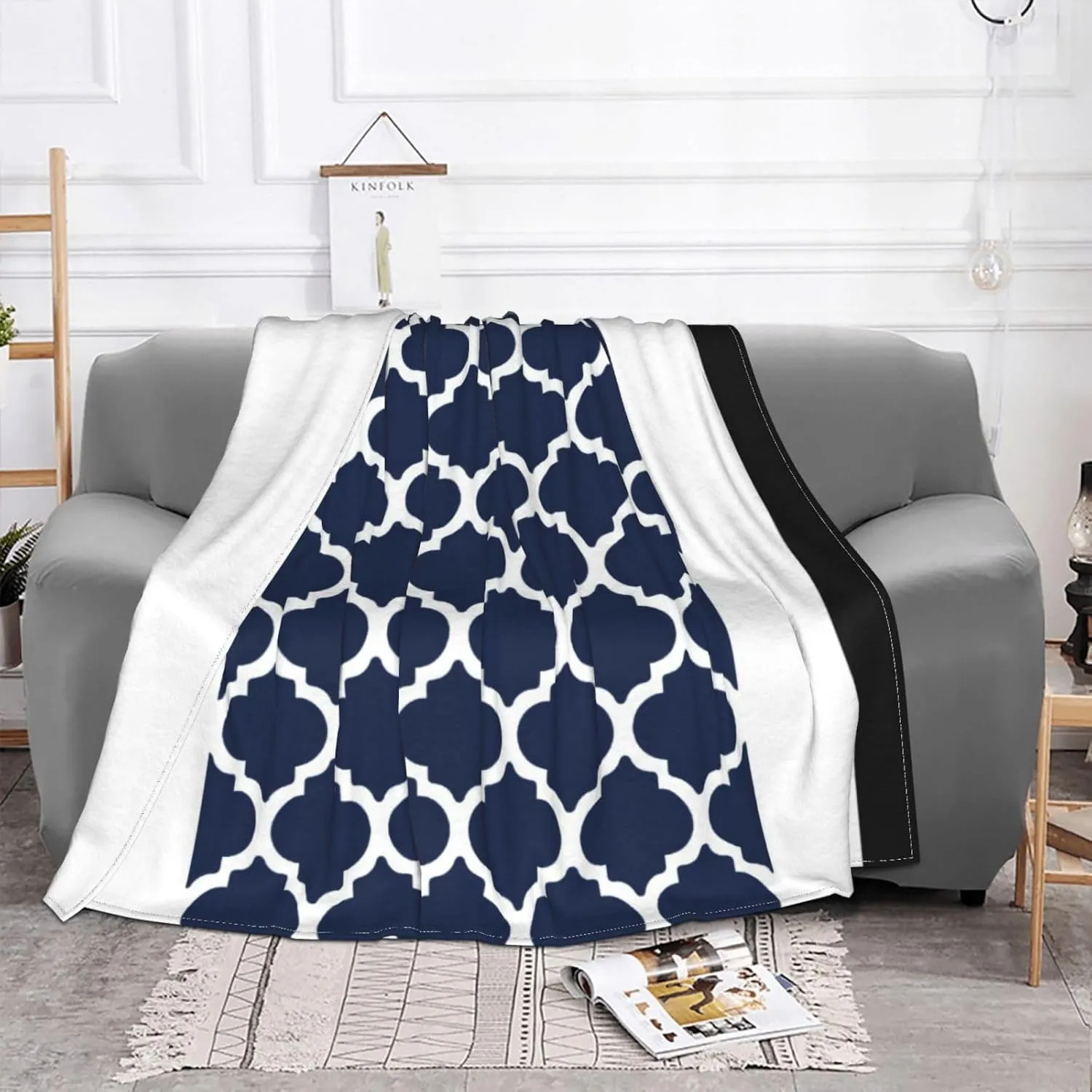 Navy Blue and White Quatrefoil 60"X50" Flannel Blanket - 100% Soft Polyester, Lightweight and Warm, Suitable for Families, Camping, Travel
