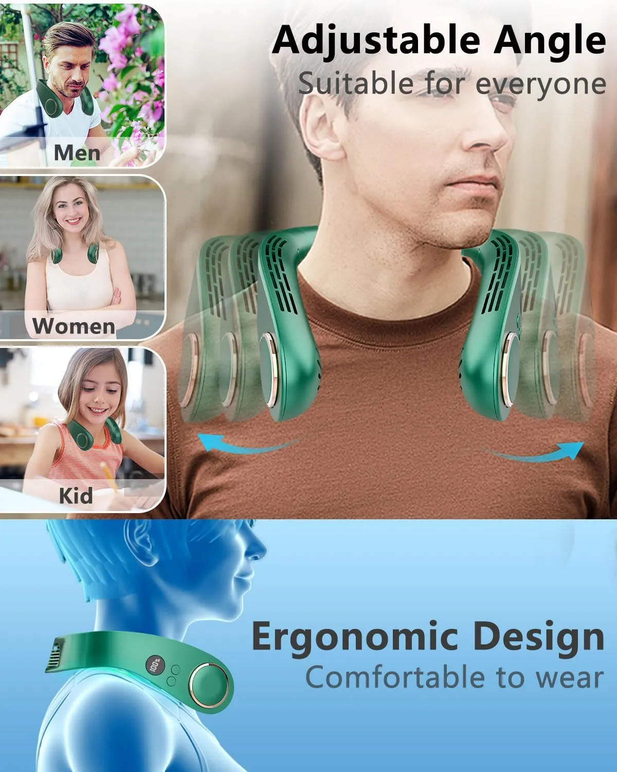 Neck Coolers for Hot Weather-Neck Fan Rechargeable Cold Plates,Ac Neck Cooler with LED Display&4 Fan Speeds,Indoor Outdoor Best Hanging Battery Powered Necklace Fans for Women Men Kids Dark Green