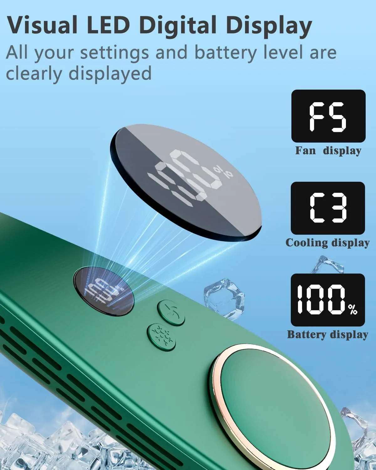 Neck Coolers for Hot Weather-Neck Fan Rechargeable Cold Plates,Ac Neck Cooler with LED Display&4 Fan Speeds,Indoor Outdoor Best Hanging Battery Powered Necklace Fans for Women Men Kids Dark Green