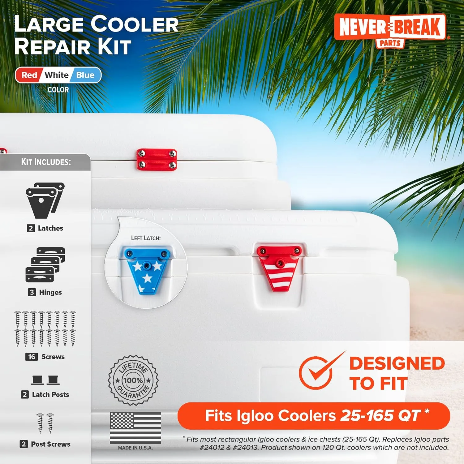 NeverBreak Parts - Igloo Cooler Replacement Parts - Large Repair Kit | High Strength Igloo Cooler Hinges Replacement with Latches | Ice Chest Repair Kit