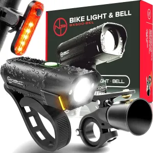 [New 2025] BX500-BEL 3 in 1 Bike Light & Bell Set - Powerful USB-C Rechargeable Front and Back Lights 10hrs Max Bicycle LED Headlight Kit - 18hr Max Taillight - Accessories for Night Riding
