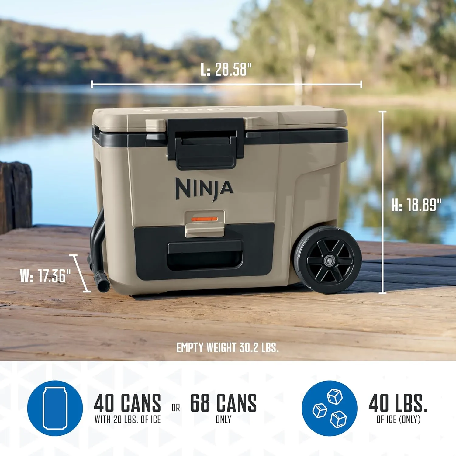 Ninja | Cooler | FrostVault 65QT Cooler with Wheels | Insulated with Temp Dry Storage Drawer | Keeps Ice Cold for Days | for The Beach, Camping, Picnics & More | Birch Beige | FB265CS