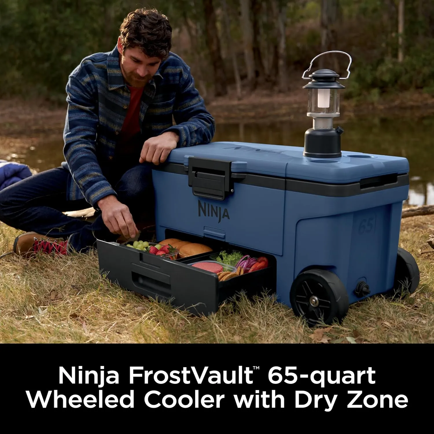 Ninja Outdoor FrostVault 65qt Wheeled Cooler with Cold Dry Zone, Integrated Fridge-Temp Dry Storage Drawer, Premium Heavy-Duty Insulated Cooler, Keeps Ice for Days, Lakeshore Blue FB265BL
