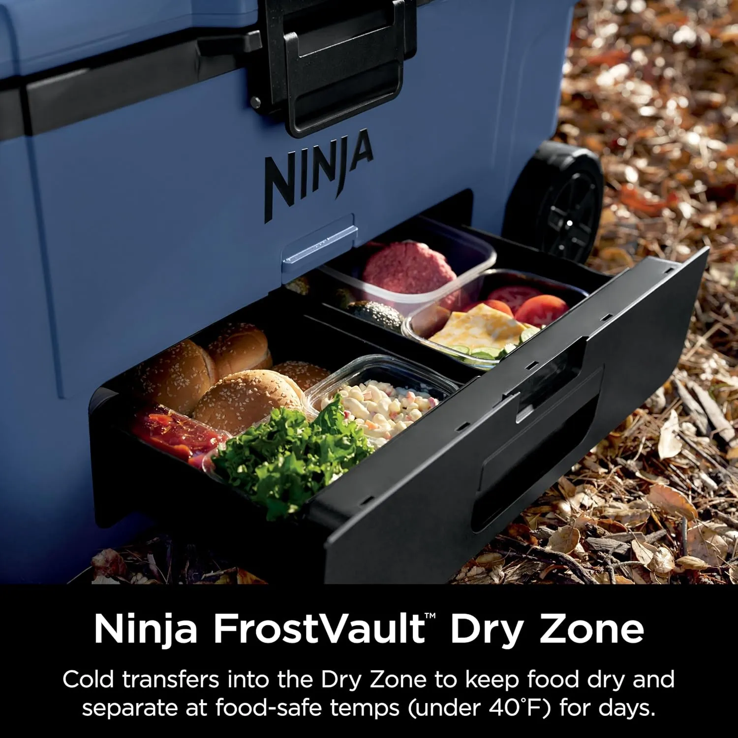 Ninja Outdoor FrostVault 65qt Wheeled Cooler with Cold Dry Zone, Integrated Fridge-Temp Dry Storage Drawer, Premium Heavy-Duty Insulated Cooler, Keeps Ice for Days, Lakeshore Blue FB265BL