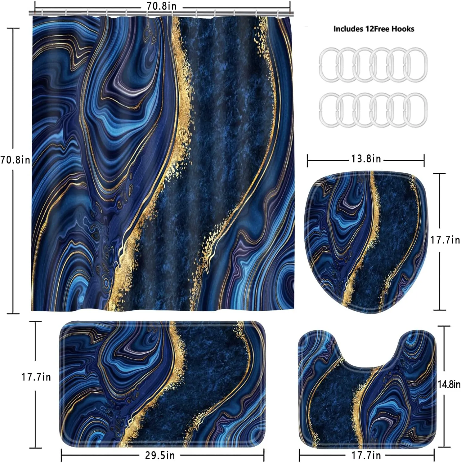 Nkzply 4 Pcs Blue Marble Shower Curtain Sets with Rugs Gold Bathroom Sets with Shower Curtain and Rugs Modern Abstract Bathroom Decor Accessories Shower Curtains for Bathroom Toilet Lid Cover