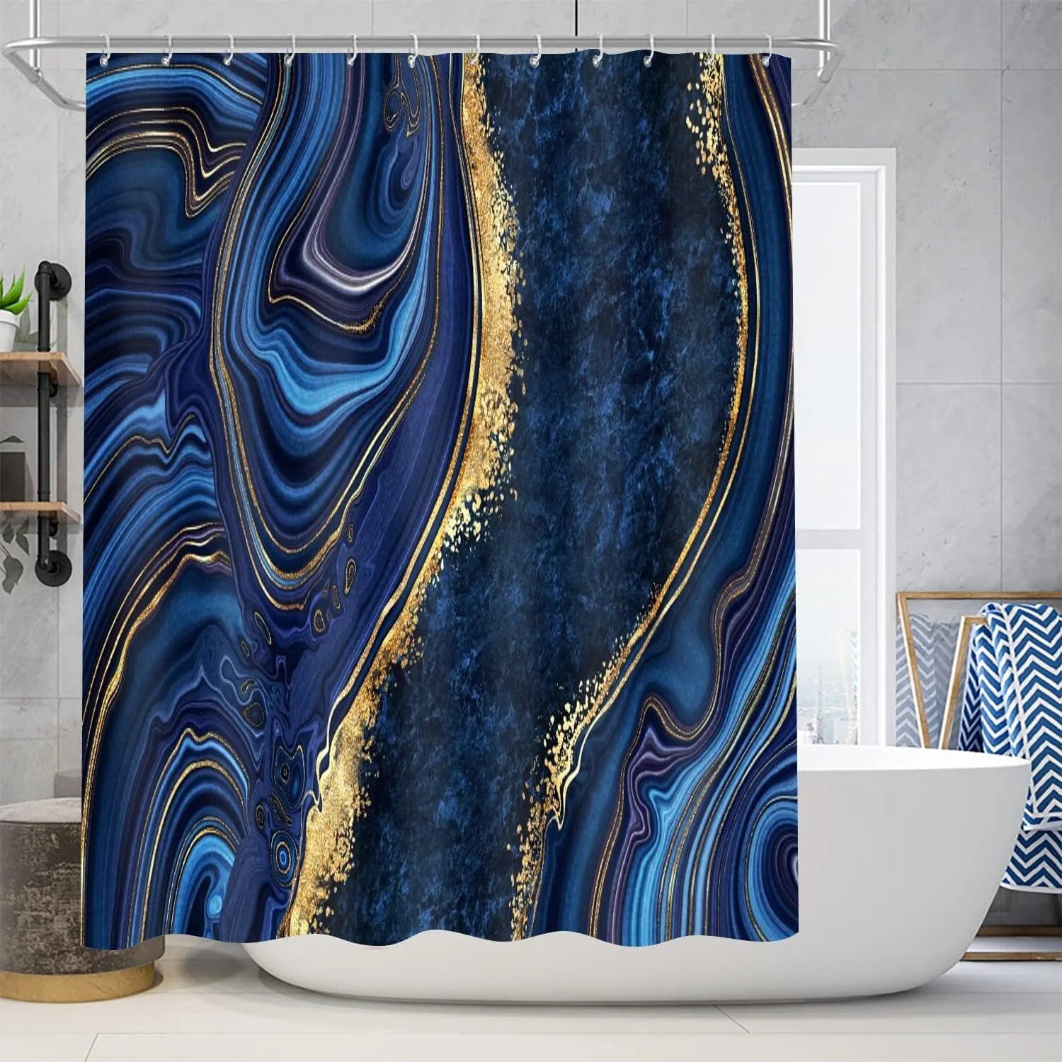 Nkzply 4 Pcs Blue Marble Shower Curtain Sets with Rugs Gold Bathroom Sets with Shower Curtain and Rugs Modern Abstract Bathroom Decor Accessories Shower Curtains for Bathroom Toilet Lid Cover