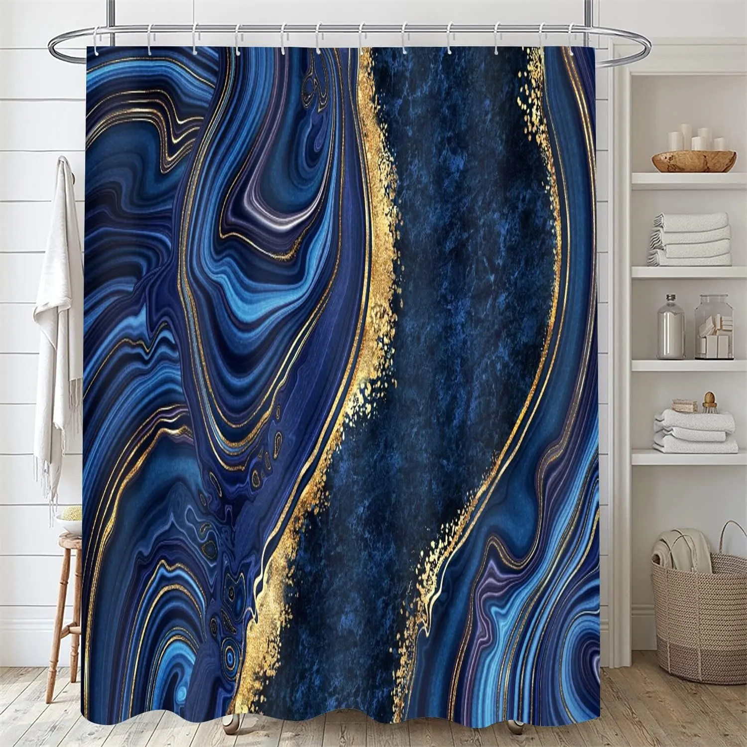 Nkzply 4 Pcs Blue Marble Shower Curtain Sets with Rugs Gold Bathroom Sets with Shower Curtain and Rugs Modern Abstract Bathroom Decor Accessories Shower Curtains for Bathroom Toilet Lid Cover
