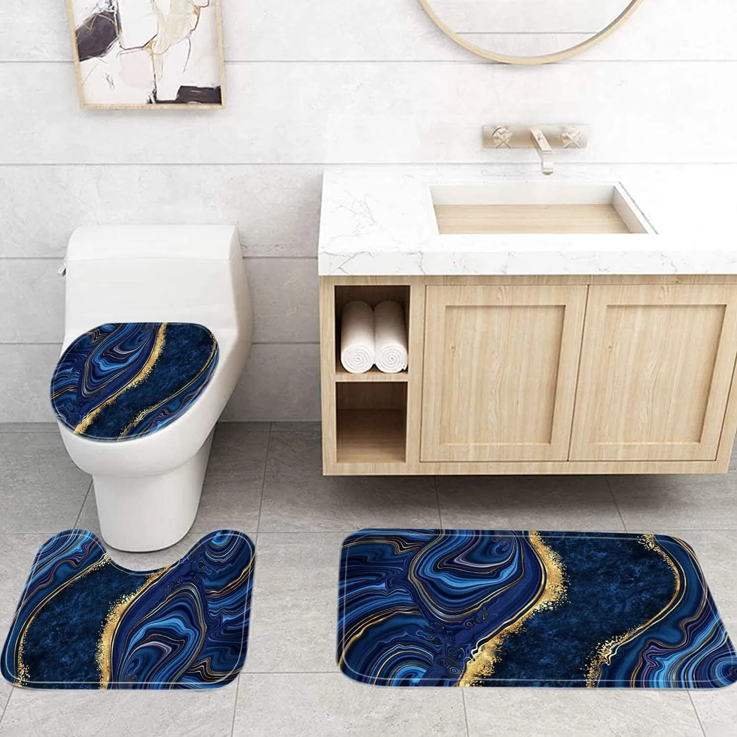 Nkzply 4 Pcs Blue Marble Shower Curtain Sets with Rugs Gold Bathroom Sets with Shower Curtain and Rugs Modern Abstract Bathroom Decor Accessories Shower Curtains for Bathroom Toilet Lid Cover