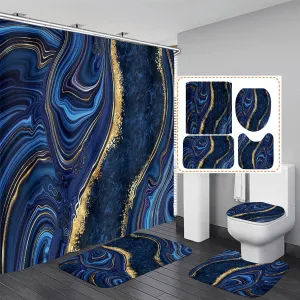Nkzply 4 Pcs Blue Marble Shower Curtain Sets with Rugs Gold Bathroom Sets with Shower Curtain and Rugs Modern Abstract Bathroom Decor Accessories Shower Curtains for Bathroom Toilet Lid Cover