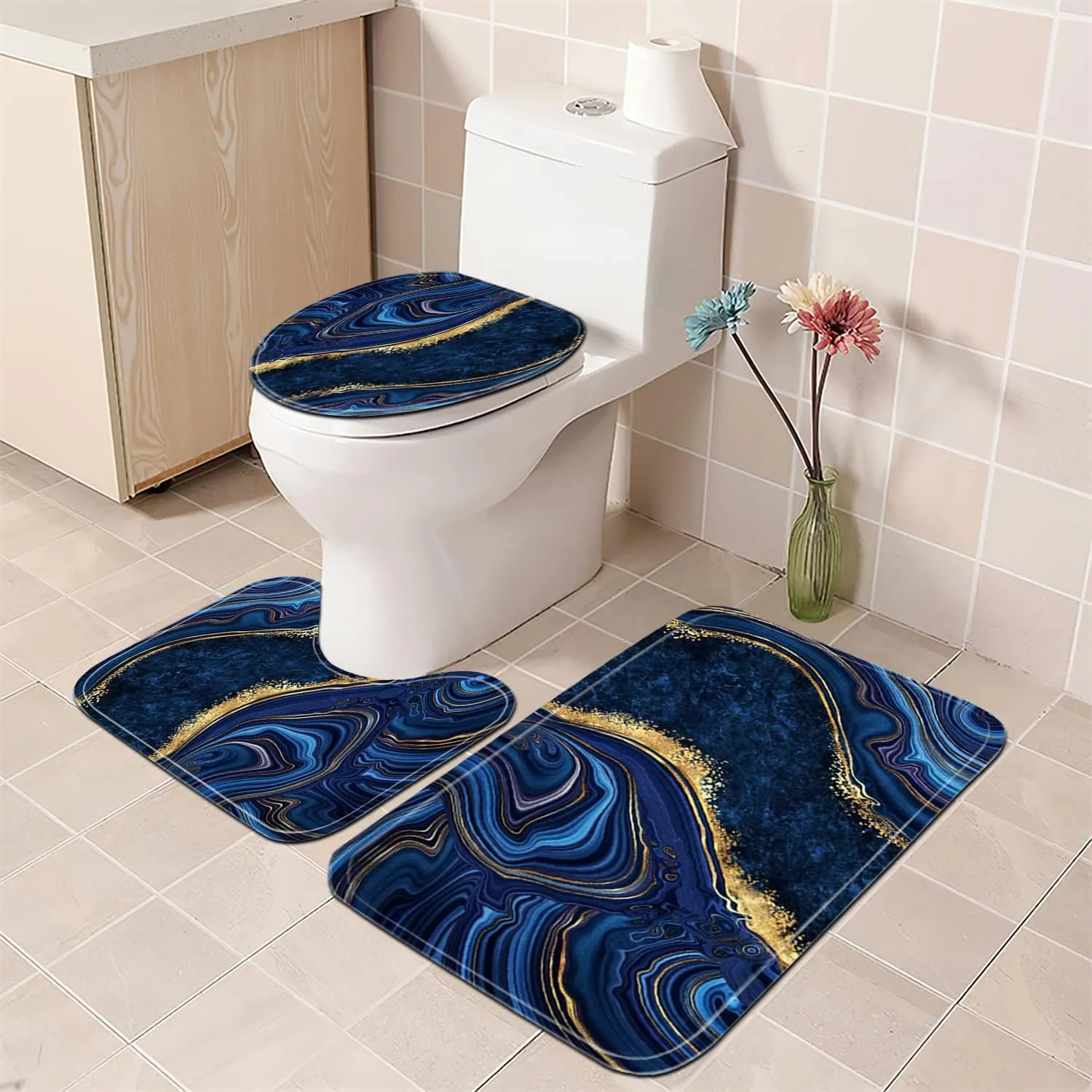 Nkzply 4 Pcs Blue Marble Shower Curtain Sets with Rugs Gold Bathroom Sets with Shower Curtain and Rugs Modern Abstract Bathroom Decor Accessories Shower Curtains for Bathroom Toilet Lid Cover