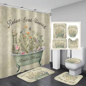 Nkzply 4 Pcs Green Floral Shower Curtain Set Vintage Flowers Leaves Bathroom Sets with Shower Curtain and Rugs Rustic Plant Farmhouse Bathroom Decor Country Bathtub Bathroom Rugs Toilet Lid Cover