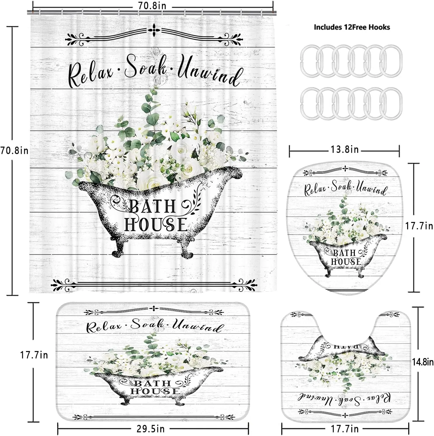 Nkzply Farmhouse Shower Curtain Set, 4pcs Bathroom Set with Curtain, Rugs, Country Wooden Board Decor, White Rose Floral Pattern, Waterproof, Washable, for Indoor Use