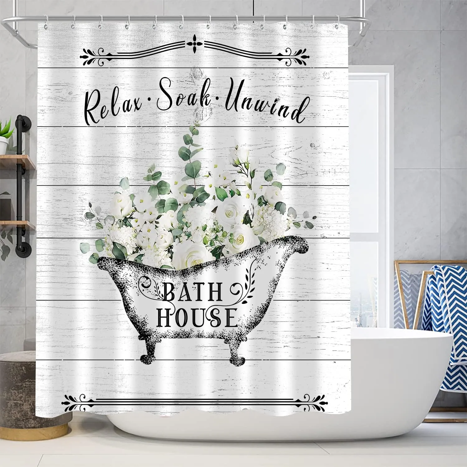 Nkzply Farmhouse Shower Curtain Set, 4pcs Bathroom Set with Curtain, Rugs, Country Wooden Board Decor, White Rose Floral Pattern, Waterproof, Washable, for Indoor Use