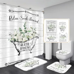 Nkzply Farmhouse Shower Curtain Set, 4pcs Bathroom Set with Curtain, Rugs, Country Wooden Board Decor, White Rose Floral Pattern, Waterproof, Washable, for Indoor Use