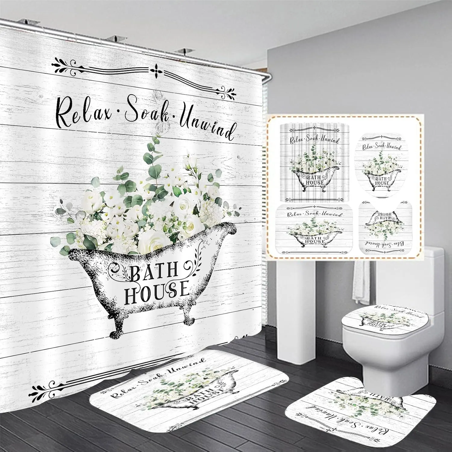 Nkzply Farmhouse Shower Curtain Set, 4pcs Bathroom Set with Curtain, Rugs, Country Wooden Board Decor, White Rose Floral Pattern, Waterproof, Washable, for Indoor Use