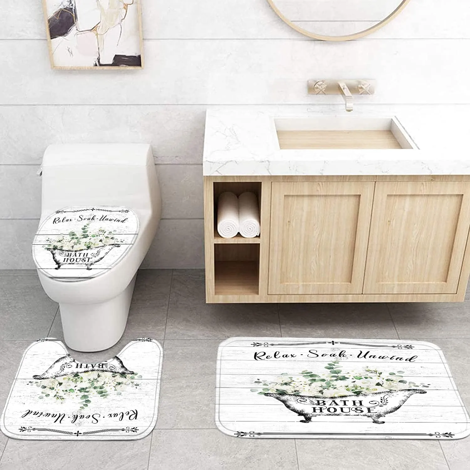 Nkzply Farmhouse Shower Curtain Set, 4pcs Bathroom Set with Curtain, Rugs, Country Wooden Board Decor, White Rose Floral Pattern, Waterproof, Washable, for Indoor Use