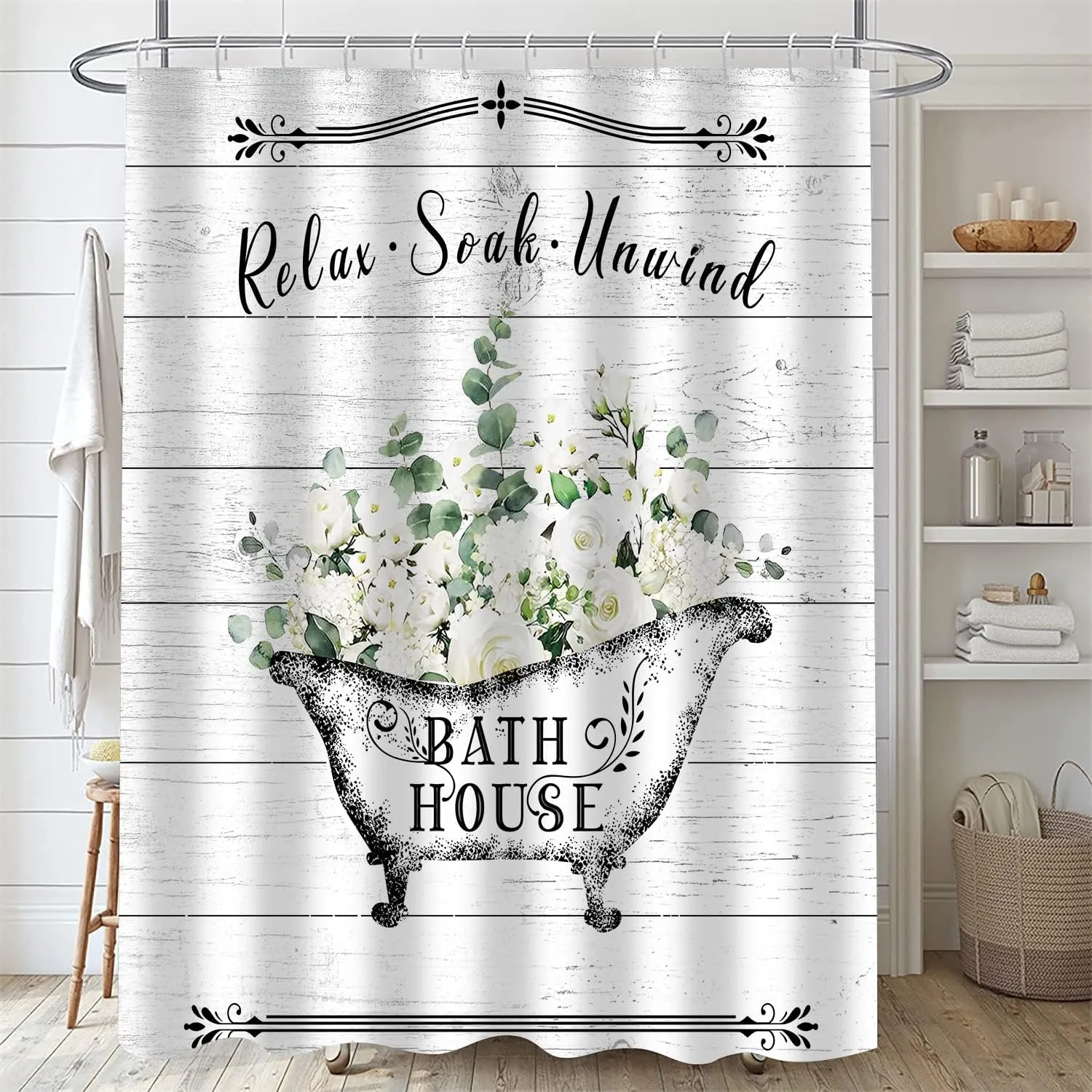 Nkzply Farmhouse Shower Curtain Set, 4pcs Bathroom Set with Curtain, Rugs, Country Wooden Board Decor, White Rose Floral Pattern, Waterproof, Washable, for Indoor Use