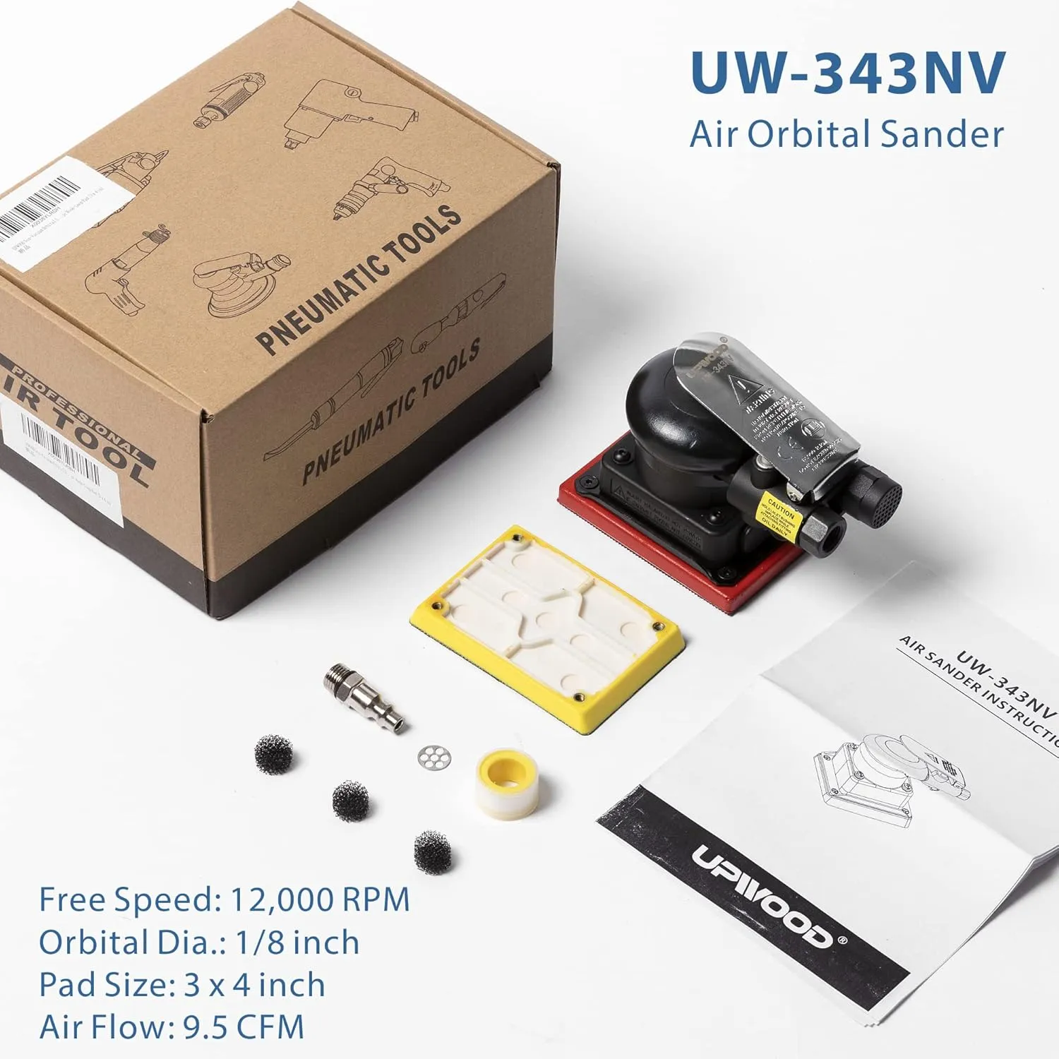 Non-Vacuum Orbital Air Sander, Mini Jitterbug Sander 3 in x 4 in 1/8 in Orbit 12,000 Max OPM with 1 Extra Hook-Loop Pad (3 x 4 in)