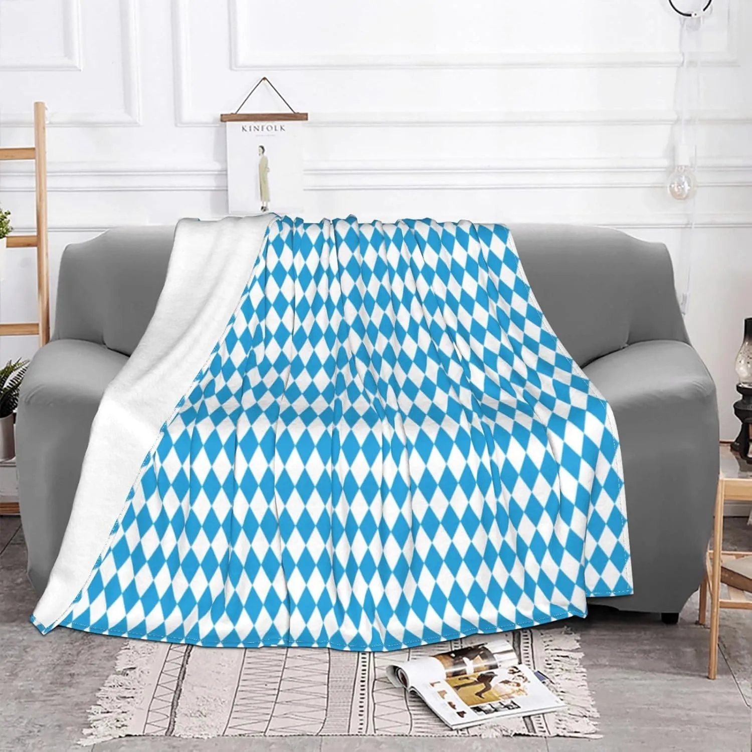 Oktoberfest Bavarian Blue and White 60"X50" Flannel Blanket - 100% Soft Polyester, Lightweight and Warm, Suitable for Families, Camping, Travel