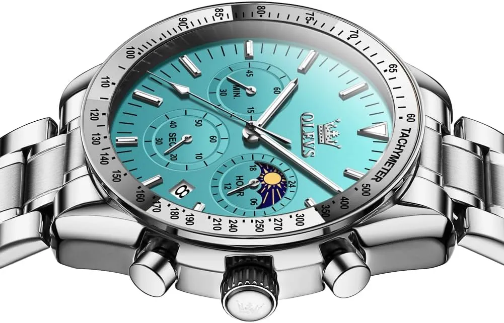 OLEVS Men Skeleton Watches Stainless Steel Analog Quartz Moon Phase Male Watch, Diamond Multi Calendar Chronograph Watch,Waterproof Wrist Watch for Men