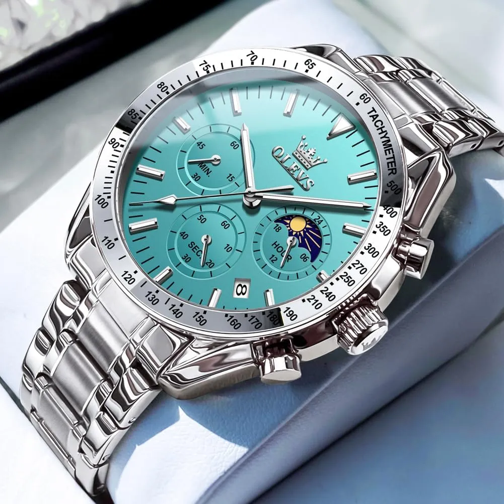 OLEVS Men Skeleton Watches Stainless Steel Analog Quartz Moon Phase Male Watch, Diamond Multi Calendar Chronograph Watch,Waterproof Wrist Watch for Men