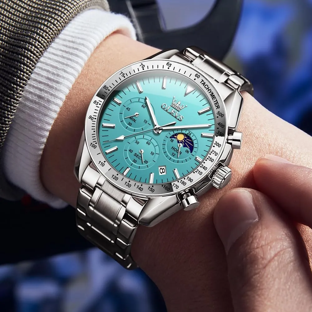 OLEVS Men Skeleton Watches Stainless Steel Analog Quartz Moon Phase Male Watch, Diamond Multi Calendar Chronograph Watch,Waterproof Wrist Watch for Men