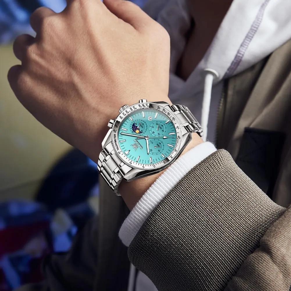 OLEVS Men Skeleton Watches Stainless Steel Analog Quartz Moon Phase Male Watch, Diamond Multi Calendar Chronograph Watch,Waterproof Wrist Watch for Men